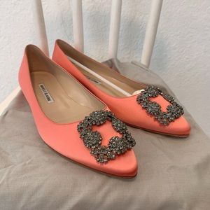Manolo Blahnik Hangisi Coral Buckle Satin Flat